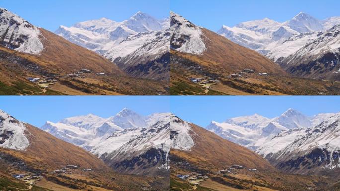 尼泊尔安纳普尔纳巡回赛，秋天，喜马拉雅山脉的壮丽全景，雪峰，小村庄和自然景观