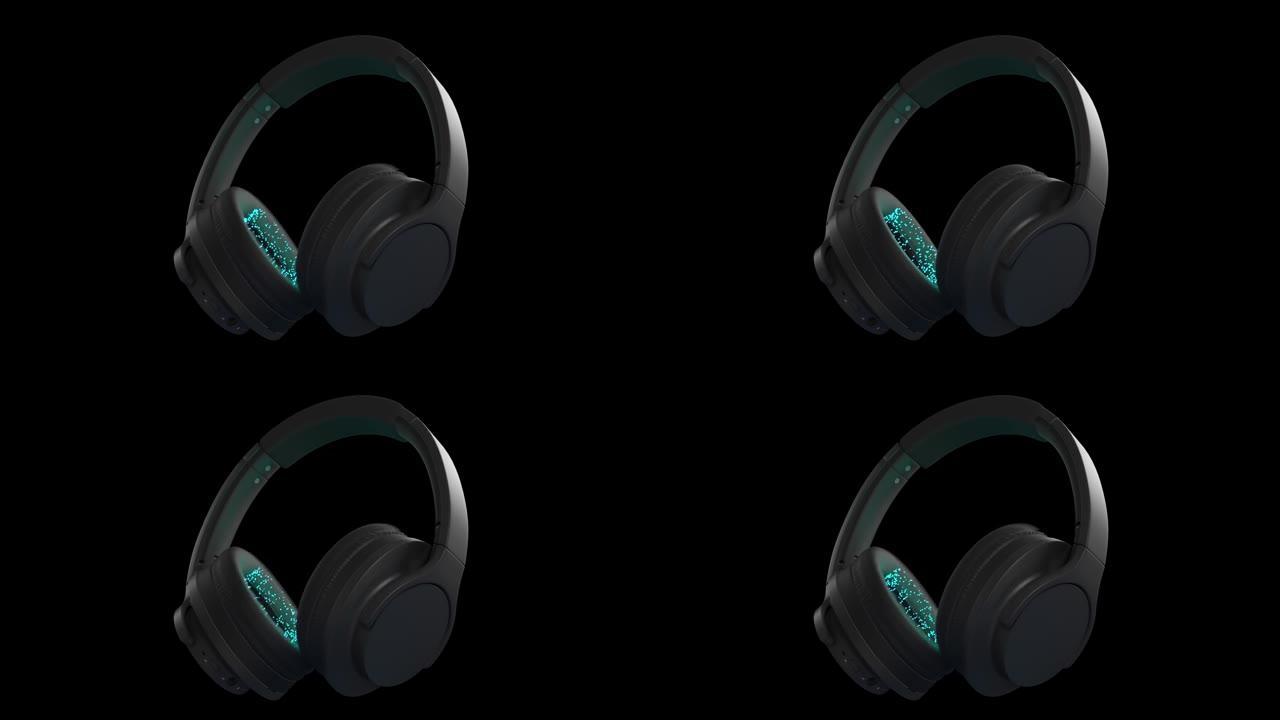 3D环绕照片黑色无线耳机在暗背景下播放蓝色音乐