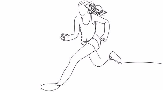 一个女孩在白色屏幕上单线慢跑的自画。