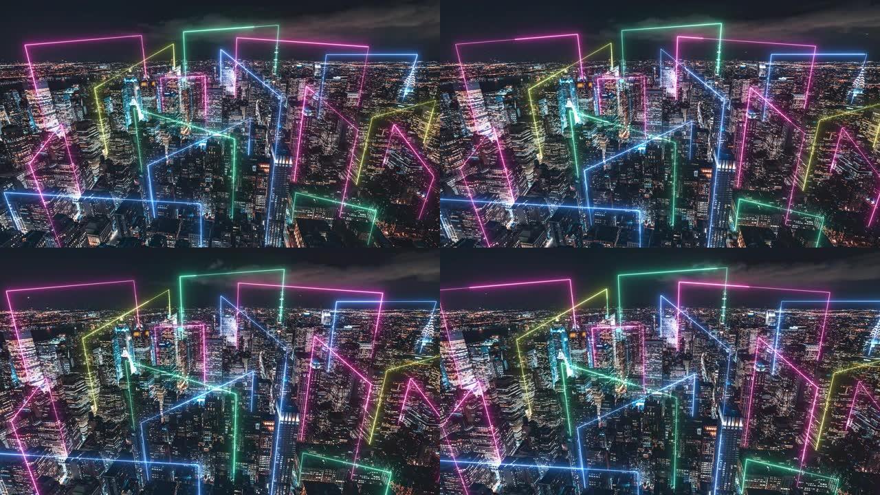 T/L智慧城市和Metaverse概念，曼哈顿夜景