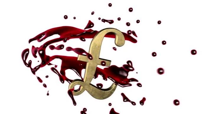 循环动画背景: 3d红色-猩红色的血溅围绕白色背景上金色英镑的符号旋转。4k。无缝循环。阿尔法哑光。
