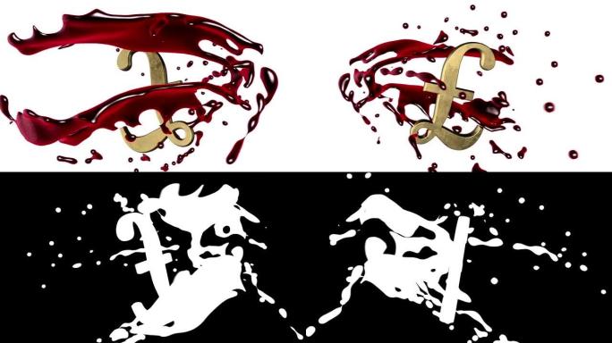 循环动画背景: 3d红色-猩红色的血溅围绕白色背景上金色英镑的符号旋转。4k。无缝循环。阿尔法哑光。