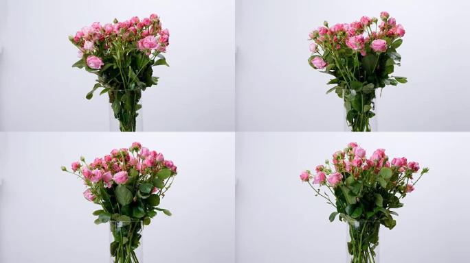 鲜花，花束，白色背景上的旋转，花卉组成由玫瑰组成