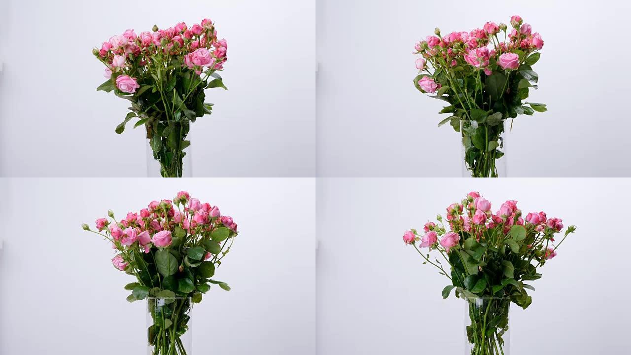 鲜花，花束，白色背景上的旋转，花卉组成由玫瑰组成