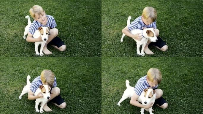 快乐的金发男孩和杰克罗素梗宠物狗在草坪上玩耍。