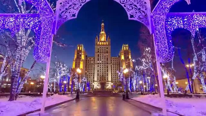 斯大林著名的摩天大楼，位于俄罗斯莫斯科的Kudrinskaya Square timelapse h