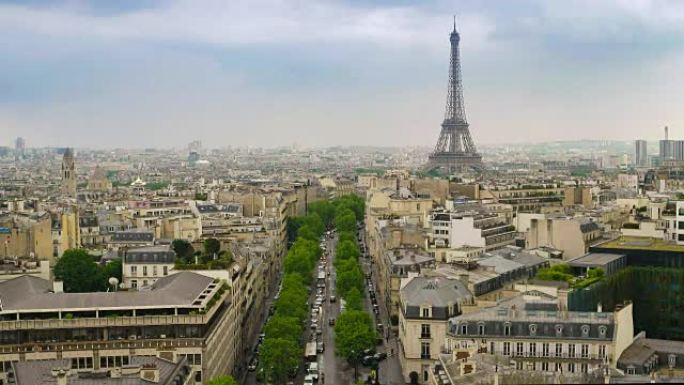 巴黎城市天际线延时从法国巴黎凯旋门的埃菲尔铁塔景观，高清延时