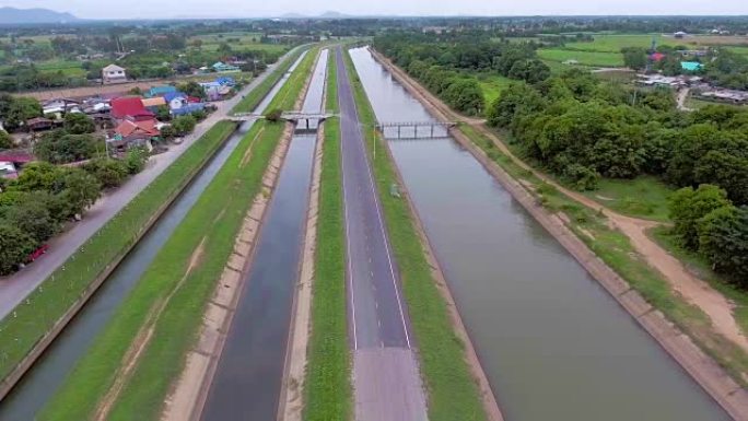 农村灌溉渠道的空中景观，空中视频