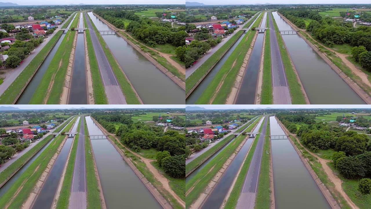 农村灌溉渠道的空中景观，空中视频