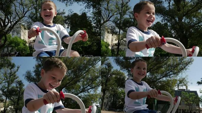 男孩玩和骑三轮车慢动作-快乐