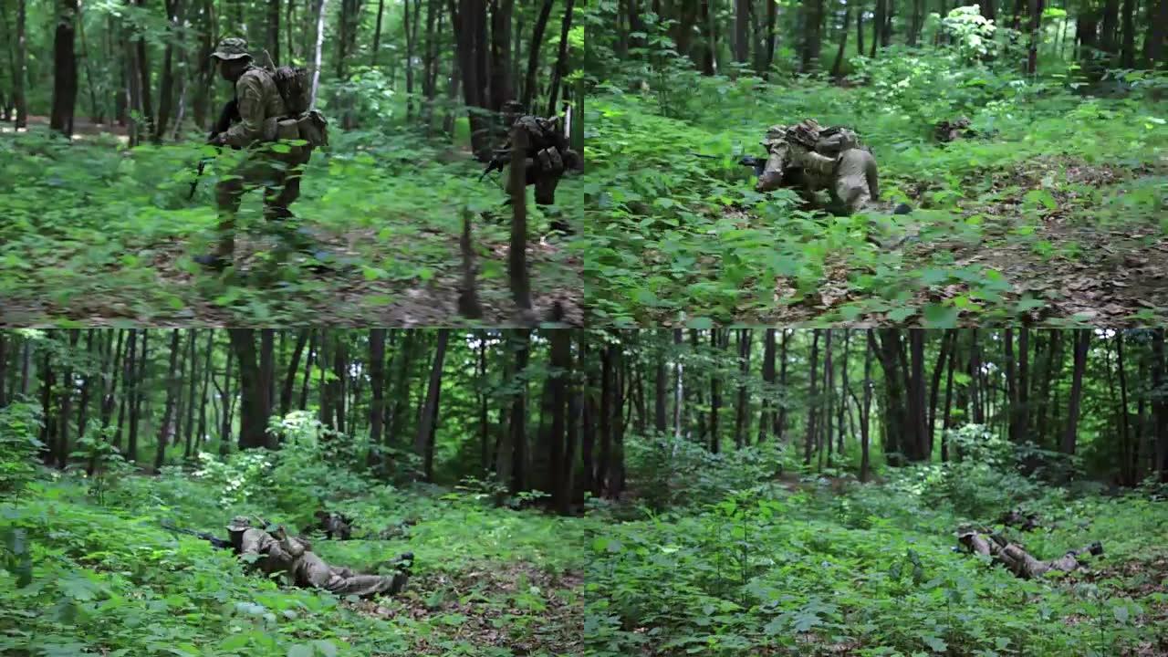 游击游击战士带着枪在森林伏击中攻击瞄准