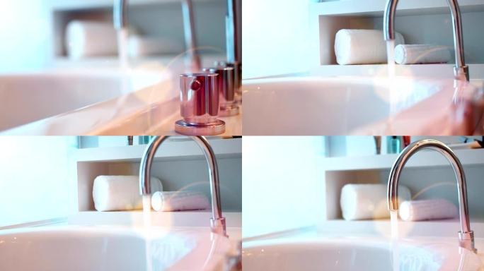 带自来水的浴缸水龙头，相机移动，选择性对焦。