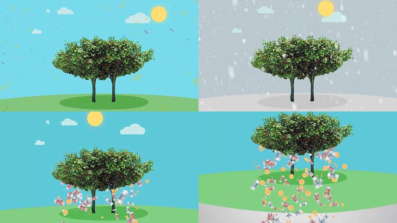 四季树和等待金钱动画。从树动画中赚了很多钱。四季树。孤独树的四个季节