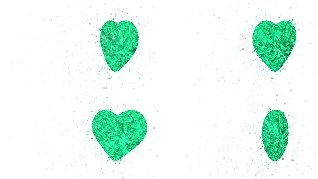 抽象循环动画背景: 旋转发光3d翡翠心形成碎片和绿色旋转的立方体与杂散碎片。白色背景。无缝循环。