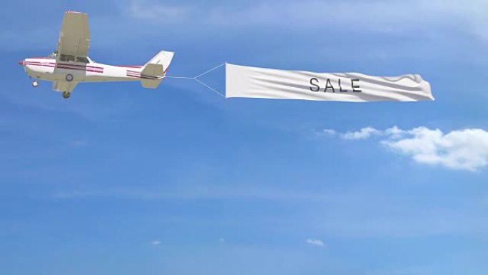空中带有销售标题的小型螺旋桨飞机拖曳横幅