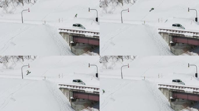 滑雪者跳过道路和货车