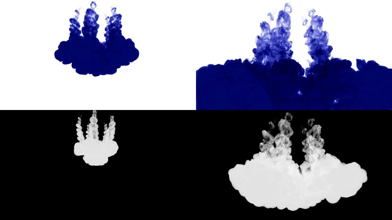 大量流动的孤立的蓝色墨水注入。蓝色的水，慢动作拍摄。用于漆黑的背景或带有烟雾或墨水效果的背景，阿尔法