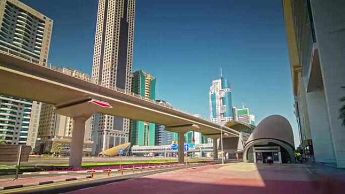 迪拜太阳光日地铁线街景4k时光流逝阿拉伯联合酋长国