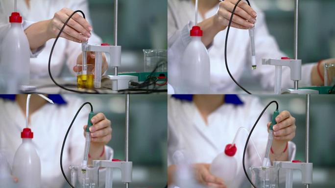 实验室玻璃器皿中液体的实验室测试。实验室设备工作