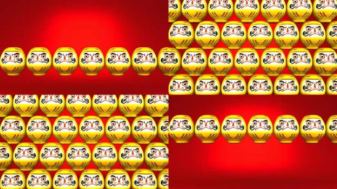 在红色背景上堆叠黄色幸运达鲁马娃娃