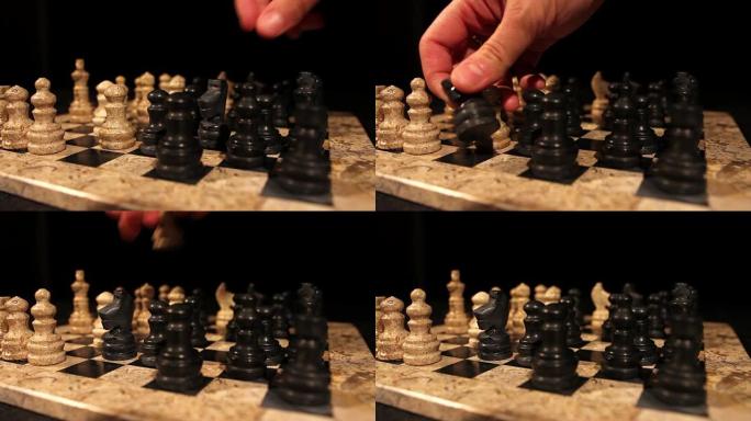 一个黑骑士在国际象棋游戏中吃了一个白色棋子，被隔离在黑色背景上