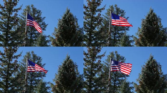 山顶上高高飘扬的美国国旗
