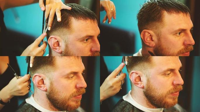 理发师用剪刀剪了一个年轻人