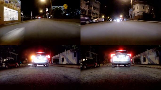 GoPro附在汽车保险杠上，在夜间行驶穿过附近和高速公路实际速度1x POV行驶