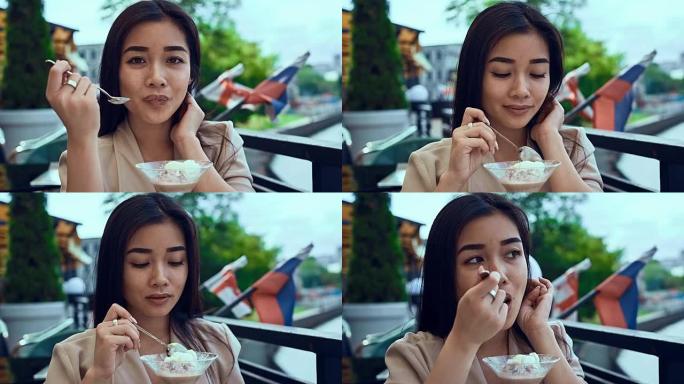 可爱华丽的亚洲女人冰淇淋