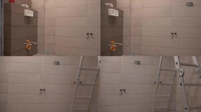 未完成的浴室房间，有瓷砖，但没有家具。