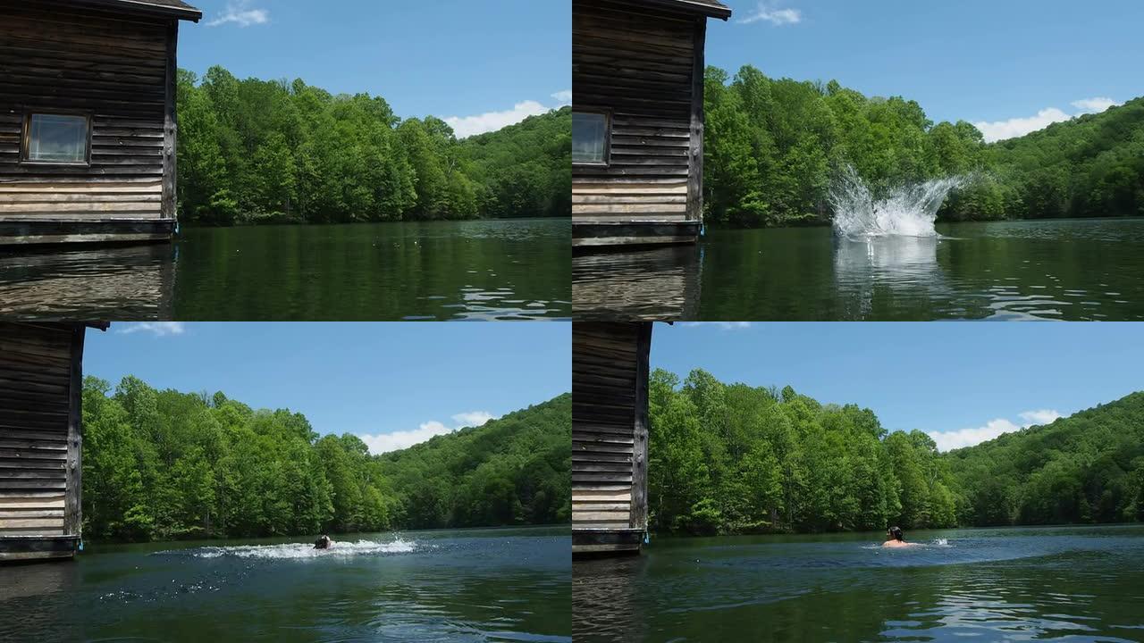 在湖中跳跃的女人