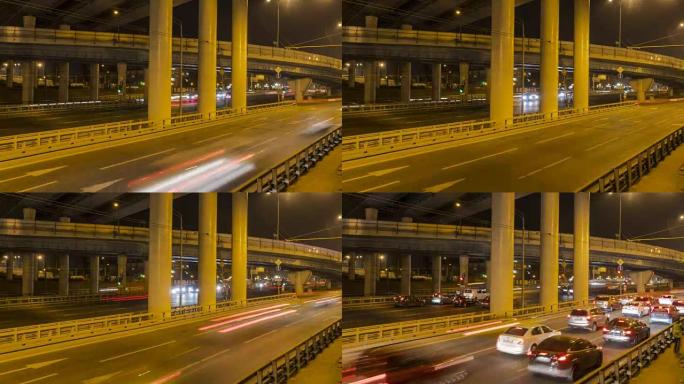 城市通道和路口夜间交通的延时视频