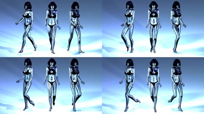 三个行走的人体模型的数字动画