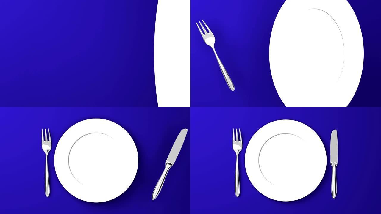 蓝色背景的餐具和盘子