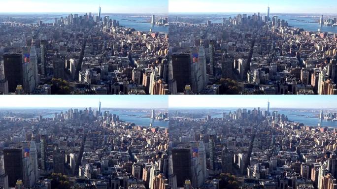 美国纽约市曼哈顿建筑物的全景和鸟瞰图。纽约日落时的天际线鸟瞰图。城市大都市地标风景背景。