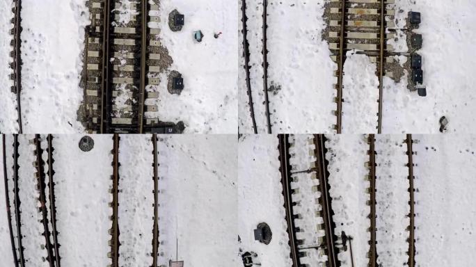 雪地里的铁轨和枕木。空中射击