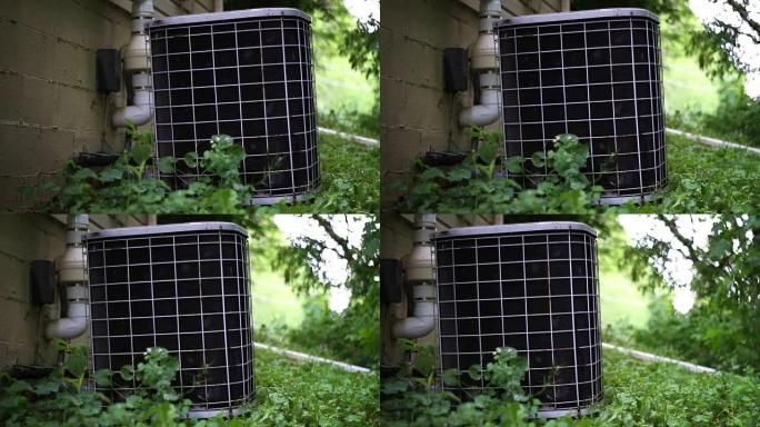 旧生锈的空调在未保存的院子里平移相机