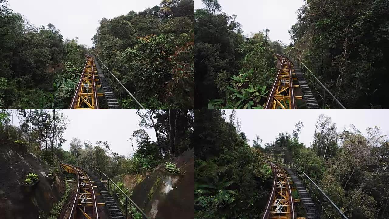 移动的旅客列车通过山区的森林铁路行驶。