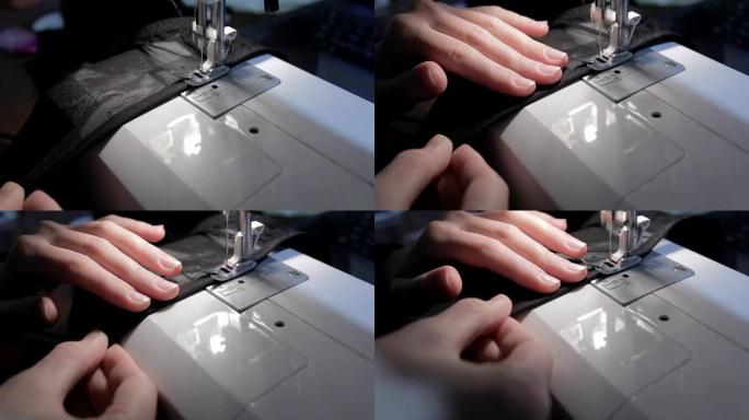 女性手在缝纫机上工作，在家里特写，做内衣