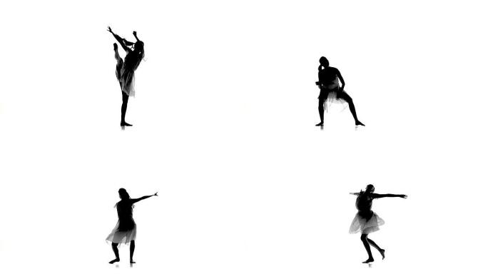 苗条的女孩与马尾辫舞蹈现代当代风格旋转白色，轮廓，慢动作