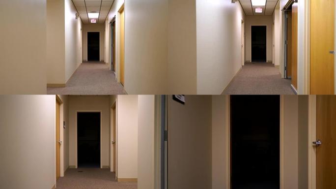 稳定的镜头沿着商业走廊向暗室移动