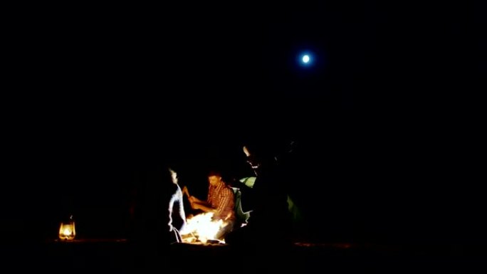 朋友的陪伴在篝火旁放松，用棍子烤棉花糖的女人，用斧头砍柴的男人