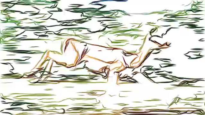 瞪羚贯穿萨凡纳铅笔绘制卡通动画无缝循环新质量独特手工动态快乐七彩视频素材