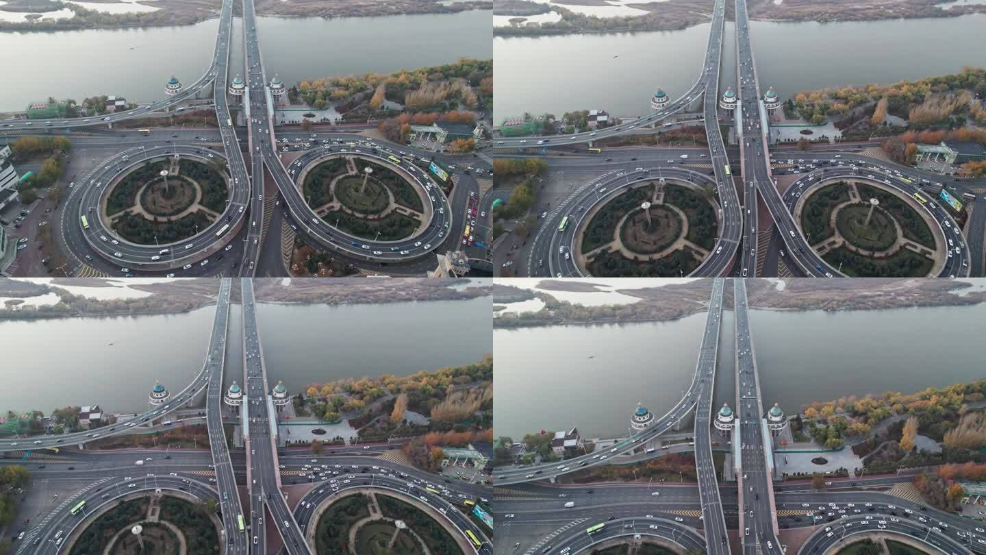 中国哈尔滨松花江公路大桥航拍