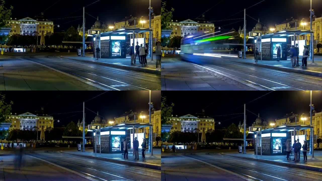 克罗地亚首都萨格勒布的新型现代电车在火车站附近的夜间延时。克罗地亚萨格勒布