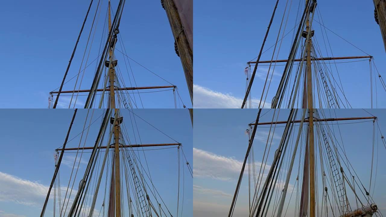 GH4 4k码头大船帆桅杆上的一组绳索