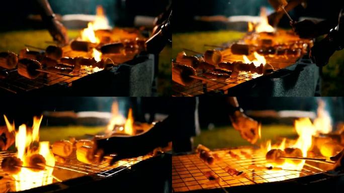 烤架上的煤。肉在煤上油炸。露营