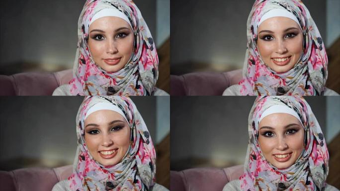 一个快乐的年轻中东妇女在家里的肖像