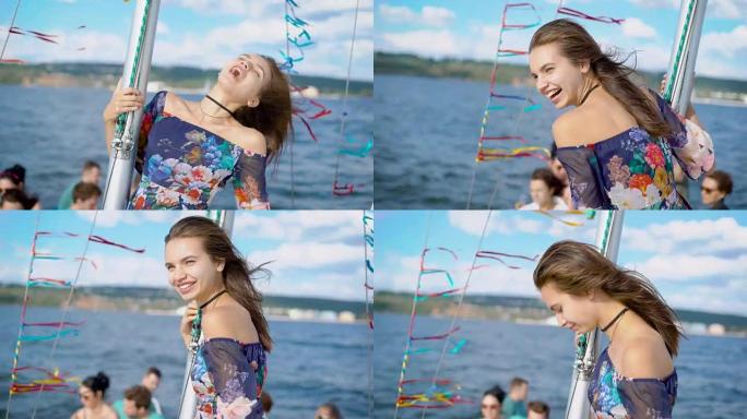 一个快乐而年轻的女人的肖像，她在游艇上，一艘船在海边航行。在温暖的日子里，这位女士高兴又笑，手里拿着