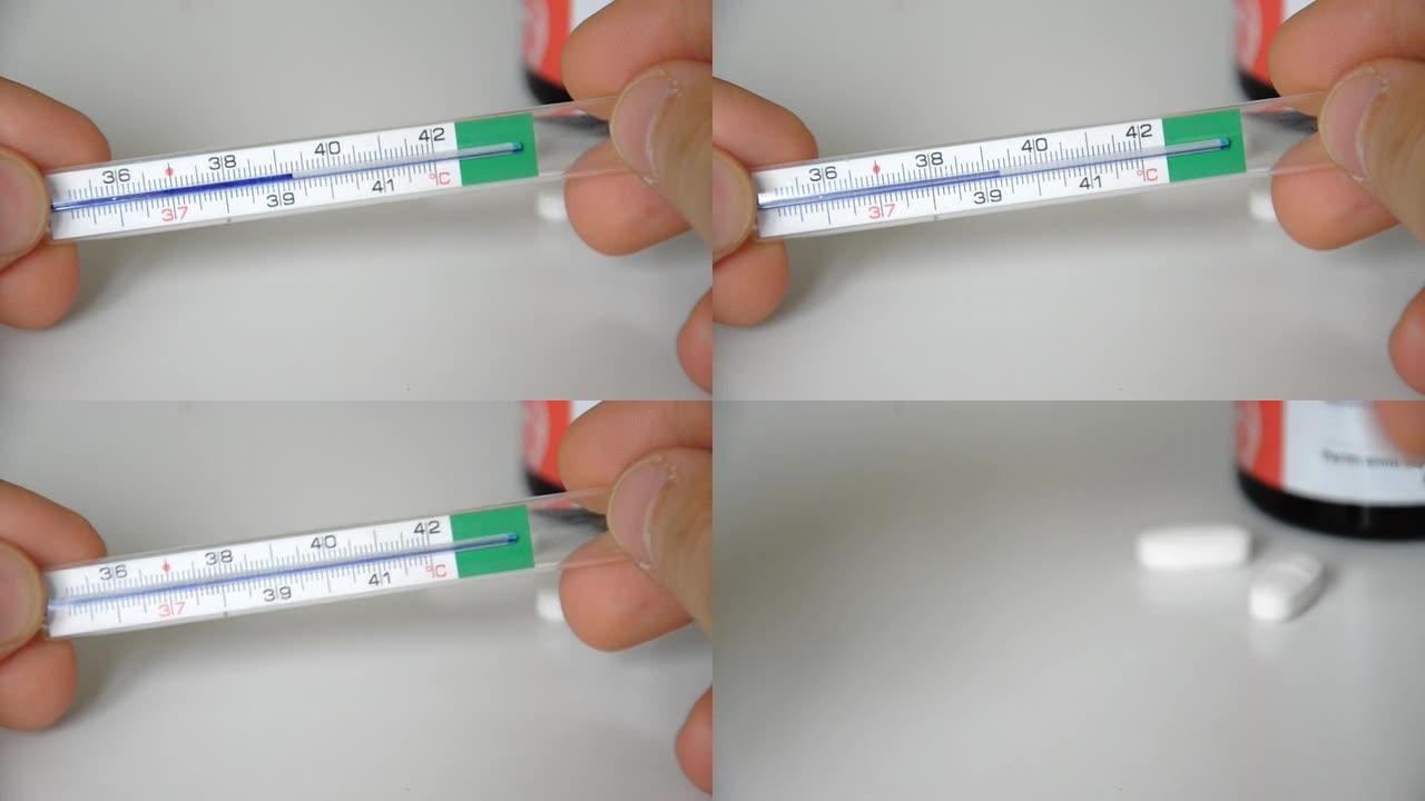 温度计显示高温。疾病概念。